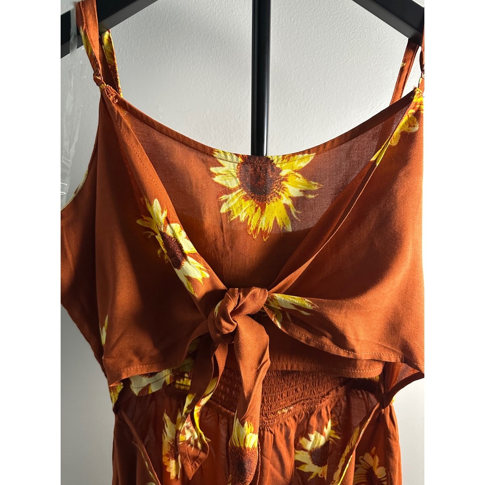 Derek Heart Sunflower Print Tie Front Cutout Jumpsuit Burnt Orange Large - Picture 2 of 5